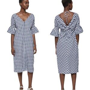 Stelen Harlow Gingham Midi Dress Women's XS Navy White Puff Sleeve Preppy Party